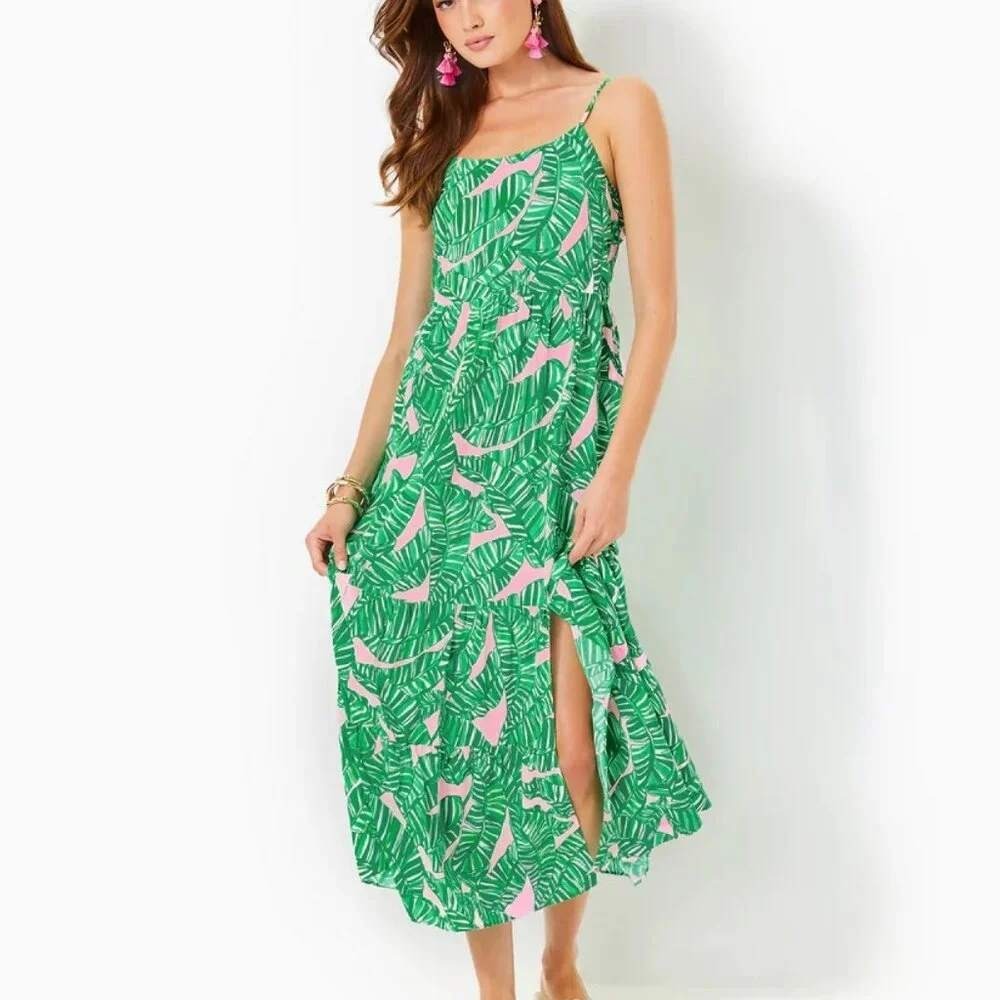 Lilly Pulitzer Teresa Maxi Dress Size L Pink Green Banana Leaves Vacation Resort